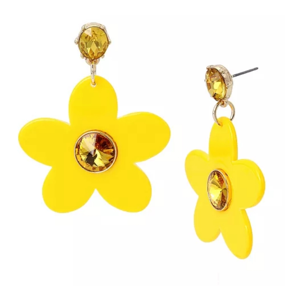 Betsey Johnson Gold Tone Yellow Resin Flower Drop Earrings With Yellow Crystals
